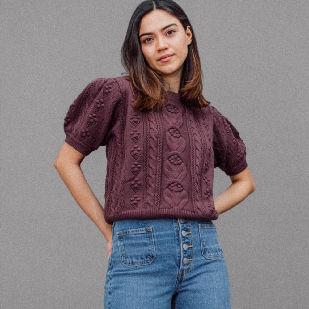 Anthropologie Plum Cable Knit Puff Sleeve Top